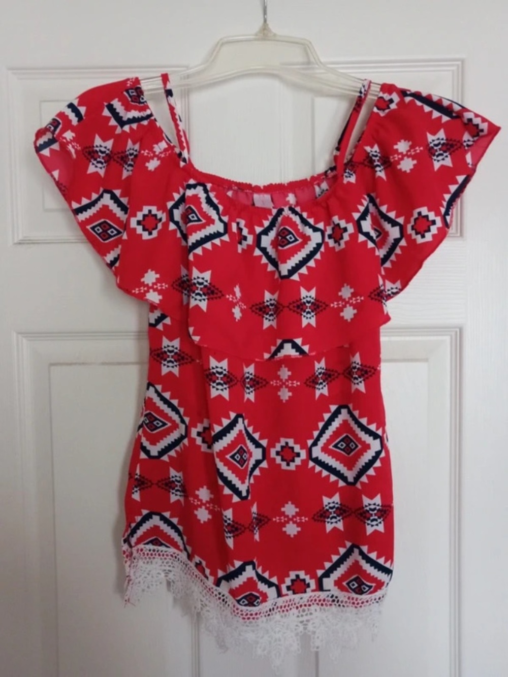 Red Aztec Print w/ Lace Trim Off the Shoulder Top